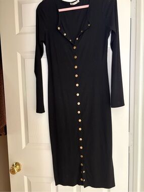 Black Midi Dress with Gold Buttons, Long Sleeve